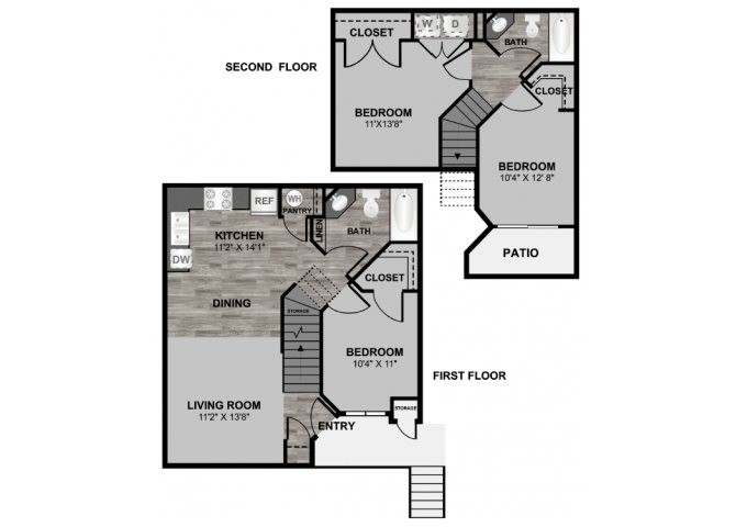 3 bedroom 2 bathroom 1116 sq ft floor plan at 255 North Apartments in Tucson, AZ